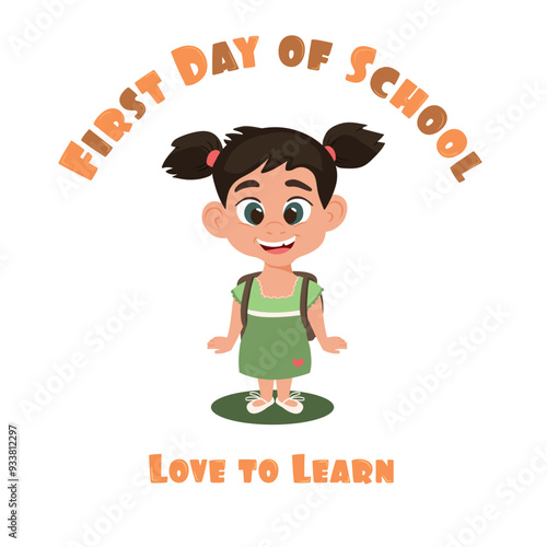 Lovely little girl with a cheerful smile, wearing a green dress and white ballet pumps. Love to learn. First day of school. Cute joyful schoolgirl character for flyer, website, poster, leaflet, card