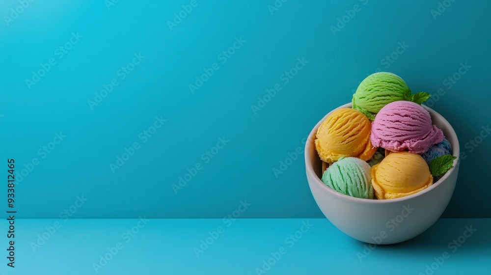 Colorful Ice Cream Scoops in Bowl on Blue Background Colorful Ice Cream Scoops in Bowl on Blue Background