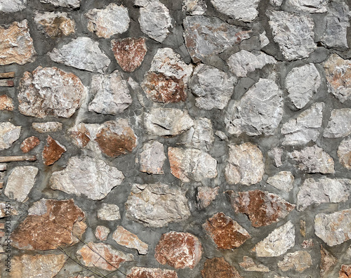 Brick wall texture, closeup of an old exterior surface as a background. Building face wall, convex joint line between dissimilar faded bricks brings character and dimensionality to vintage masonry.
 photo