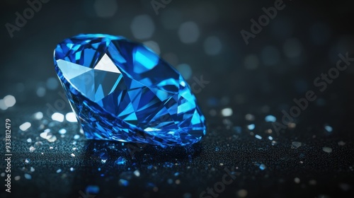 Brilliant blue diamond gemstone displayed on a glossy black surface, showcasing the gem s intricate facets and reflective brilliance.