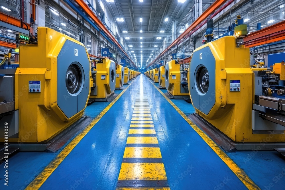 Industrial Machinery Row in a Factory with Blue and Yellow Floor Marking Industrial Machinery Row in a Factory with Blue and Yellow Floor Marking