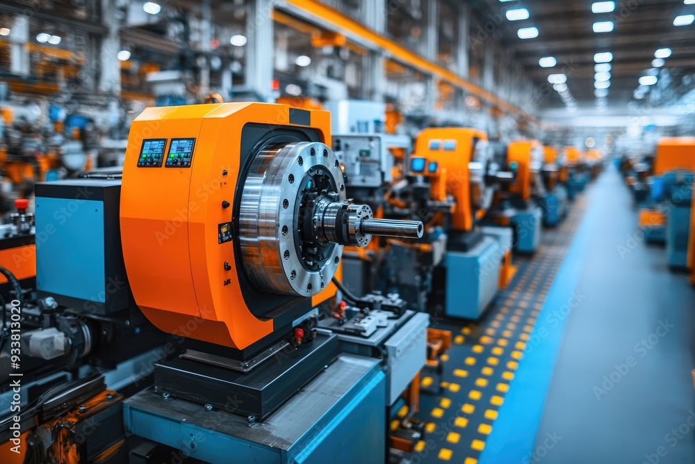 Industrial Orange and Blue CNC Machine in a Factory Setting Industrial Orange and Blue CNC Machine in a Factory Setting