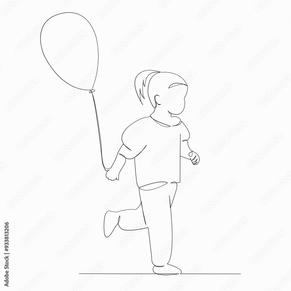 One continuous single drawn line art doodle kid, cute, girl, little, balloon. isolated image hand-drawn contour on a white background One continuous single drawn line art doodle kid, cute, girl, little, balloon. isolated image hand-drawn contour on a white background