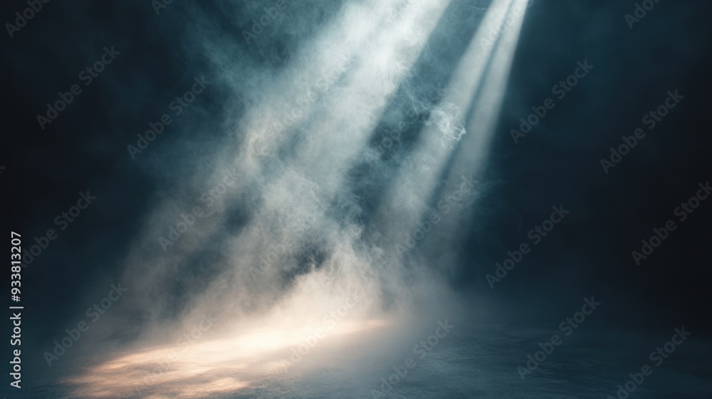 Fototapeta premium Spotlight beam piercing through smoky studio air, casting dramatic shadows and creating a moody, mysterious atmosphere