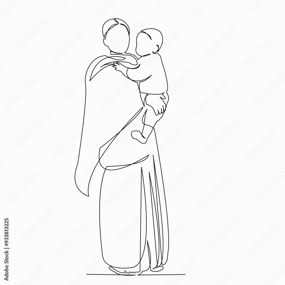 One continuous single drawn line art doodle hand, doodle, baby, child, indian, mother, kid. isolated image hand-drawn contour on a white background One continuous single drawn line art doodle hand, doodle, baby, child, indian, mother, kid. isolated image hand-drawn contour on a white background