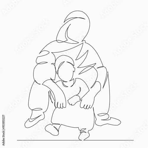 One continuous single drawn line art doodle people, indian, mother, child, baby. isolated image hand-drawn contour on a white background