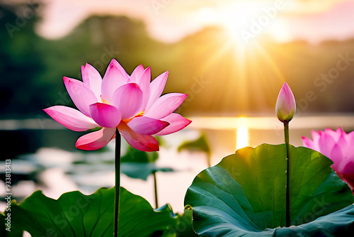 Beautiful pink lotus flower in nature with sunrise for background