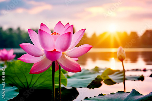 Beautiful pink lotus flower in nature with sunrise for background