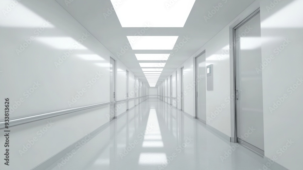Obraz premium Hospitality in Solitude: An Empty Hospital Corridor Illuminated by Bright Overhead Lights
