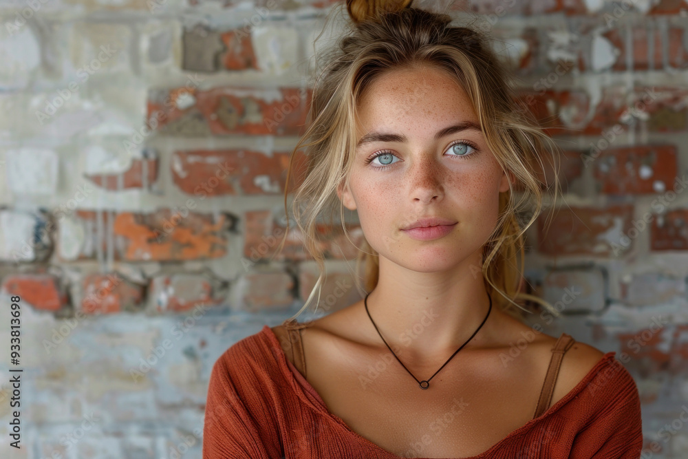 Naklejka premium Portrait of a serene young woman in urban setting with brick background