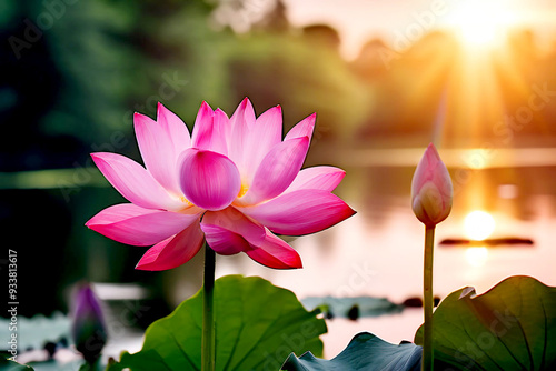 Beautiful pink lotus flower in nature with sunrise for background
