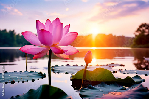 Beautiful pink lotus flower in nature with sunrise for background