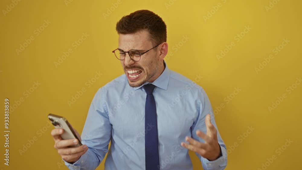 Angry young hispanic man in shirt and tie screaming into smartphone, furious and mad with rage, isolated over yellow background Angry young hispanic man in shirt and tie screaming into smartphone, furious and mad with rage, isolated over yellow background