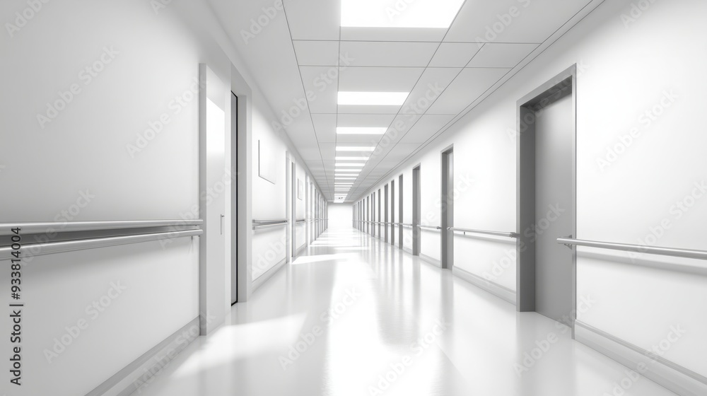 Hospitality in Solitude: An Empty Hospital Corridor Illuminated by Bright Overhead Lights Hospitality in Solitude: An Empty Hospital Corridor Illuminated by Bright Overhead Lights