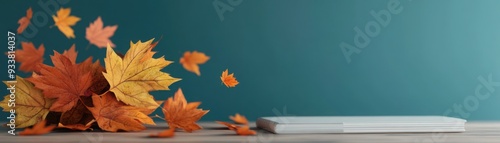 Autumn leaves falling on a student s desk, cozy study scene, 3D illustration