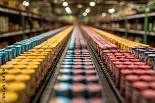 Rows of Colorful Canned Goods in a Warehouse photo