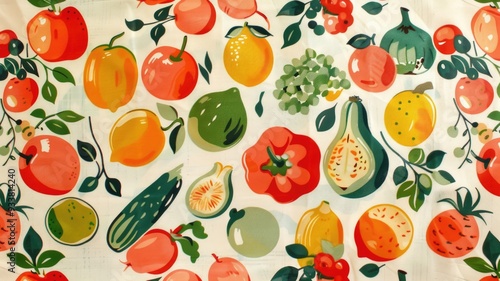 A tablecloth featuring a pattern of colorful fruits and vegetables,