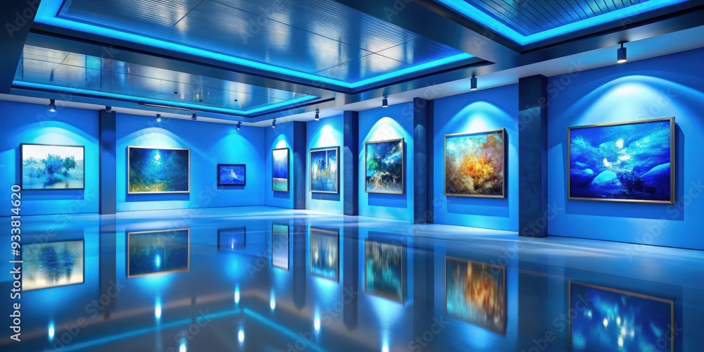 Obraz premium Virtual gallery with blue themed art pieces showcased in immersive digital environment , virtual, gallery, blue