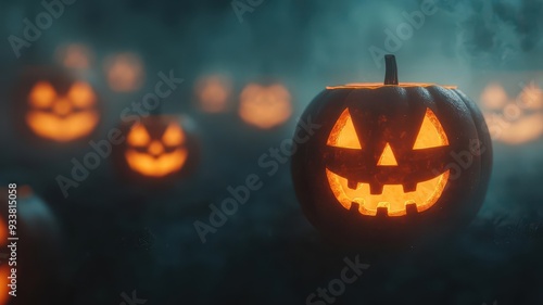 Blurred jack-o'-lantern faces floating in a dark fog, warm orange light diffusing through mist, photo realistic, eerie Halloween glow
