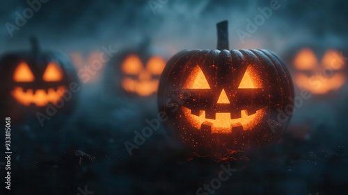 Blurred jack-o'-lantern faces floating in a dark fog, warm orange light diffusing through mist, photo realistic, eerie Halloween glow