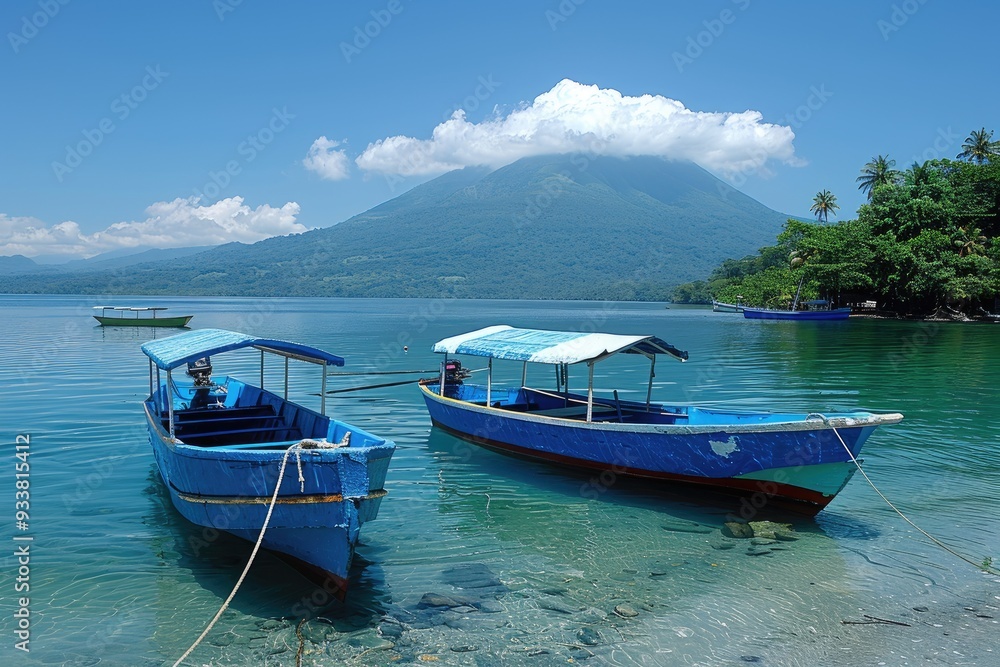 Two Blue Boats Docked in a Calm Cove with a Mountain in the Background Two Blue Boats Docked in a Calm Cove with a Mountain in the Background