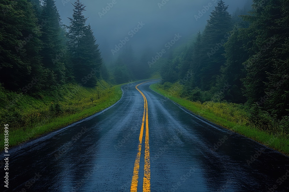 Winding Road Through Foggy Forest After Rain Winding Road Through Foggy Forest After Rain