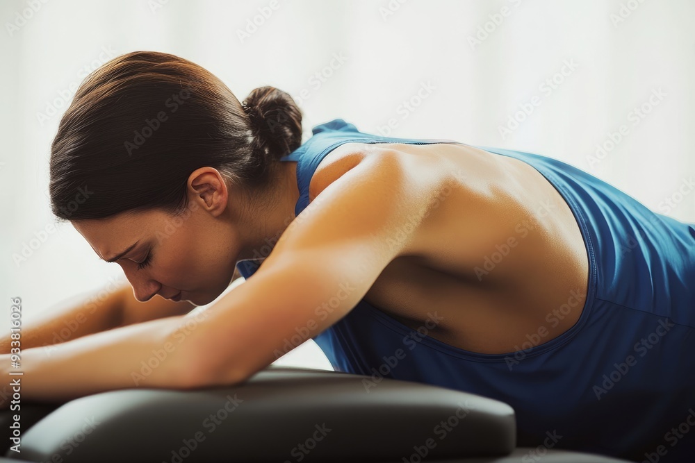 Fototapeta premium Woman in Blue Tank Top Performing a Stretching Exercise