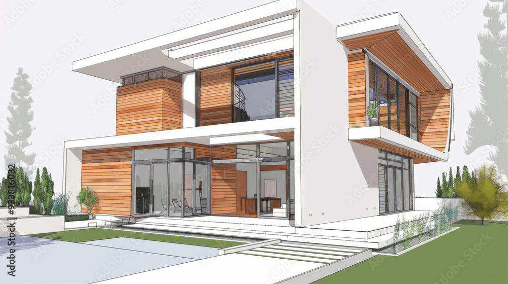 Modern two-story house with large windows and garden, background Modern two-story house with large windows and garden, background