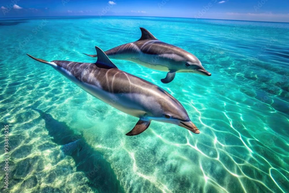 Naklejka premium Two sleek dolphins glide effortlessly through crystal-clear turquoise water, their dorsal fins slicing the surface in a stunning display of aquatic agility and grace.