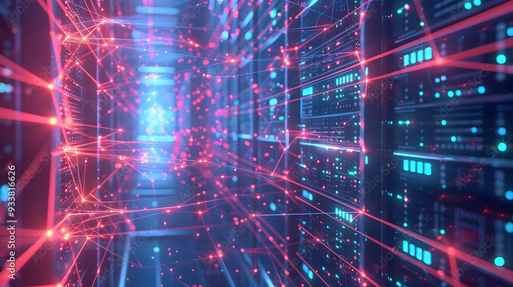 Connection network in servers data center room storage systems 3D rendering. Connection network in servers data center room storage systems 3D rendering.