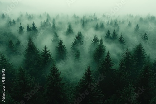 Aerial View of a Dense Evergreen Forest Shrouded in Mist