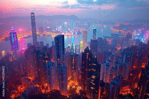 Aerial View of Hong Kong Skyline at Dusk with Vibrant Lights