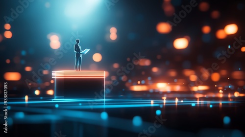 Audience in awe as a speaker stands on a glowing neon podium close up, inspiration theme, ethereal, Composite, hightech seminar backdrop