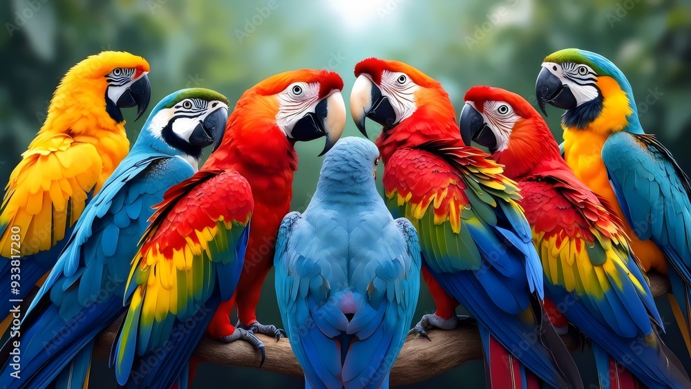 Macaw Parrots Flock Together on a Tree Branch - Vibrant Colors and Social Interaction in Nature Macaw Parrots Flock Together on a Tree Branch - Vibrant Colors and Social Interaction in Nature