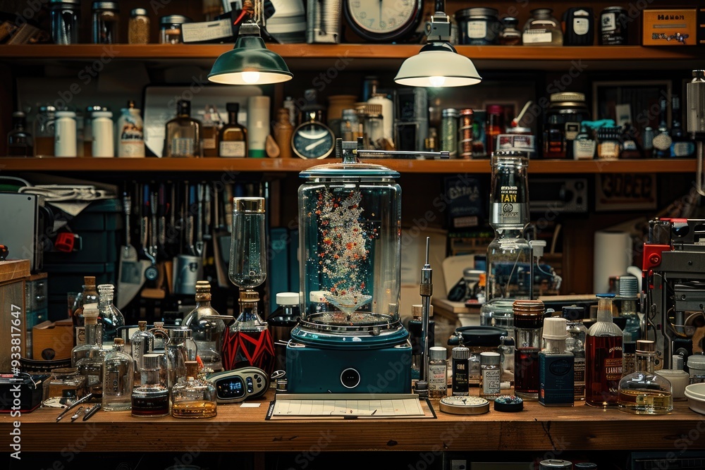 A Tabletop Still Life with a Glass Jar Filled with a Colorful Mixture and Surrounded by Various Bottles and Other Objects A Tabletop Still Life with a Glass Jar Filled with a Colorful Mixture and Surrounded by Various Bottles and Other Objects