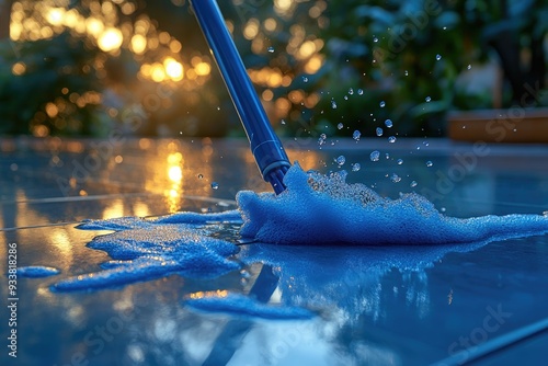 Blue Cleaning Tool Creating Foam Bubbles on Wet Surface photo