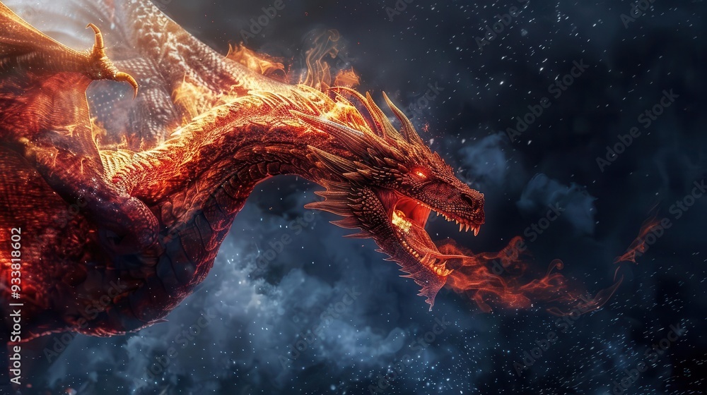 Naklejka premium majestic red dragon breathing fierce flames against dramatic dark sky fantasy art