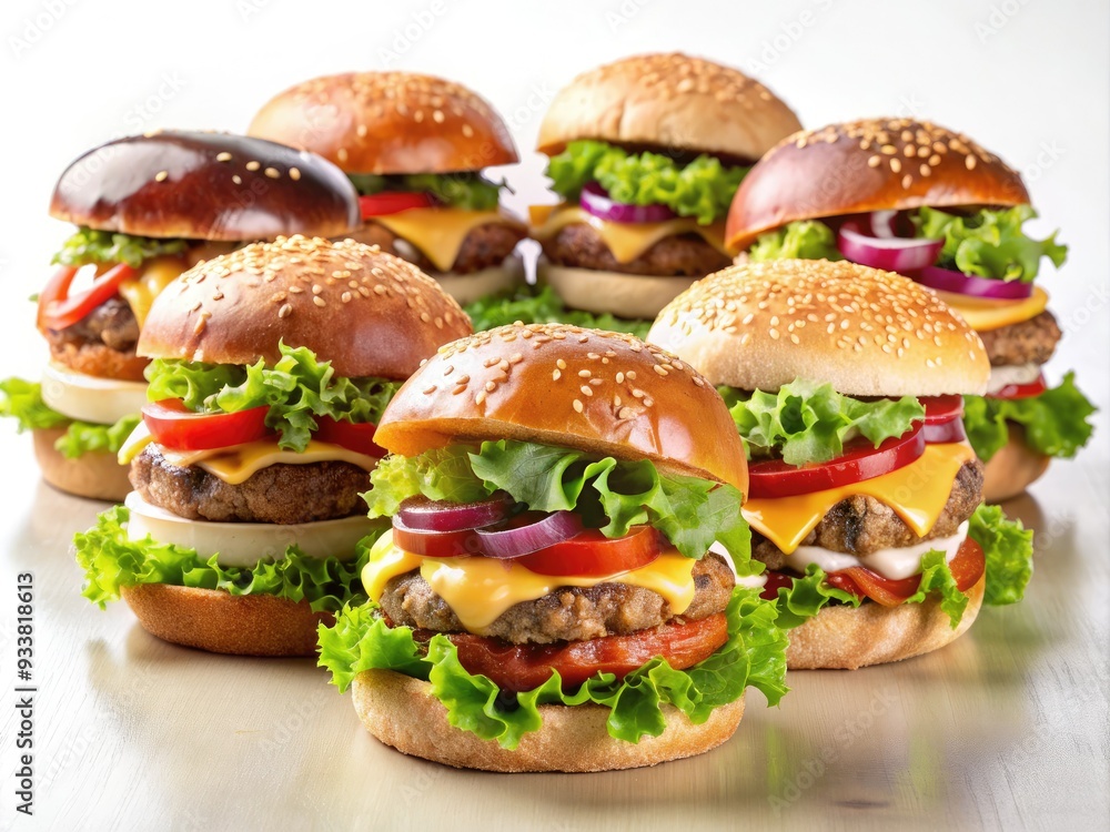 Assorted gourmet burgers with varied toppings and sauces, artfully arranged on a plain white background, showcasing flavorful options for a restaurant's menu. Assorted gourmet burgers with varied toppings and sauces, artfully arranged on a plain white background, showcasing flavorful options for a restaurant's menu.