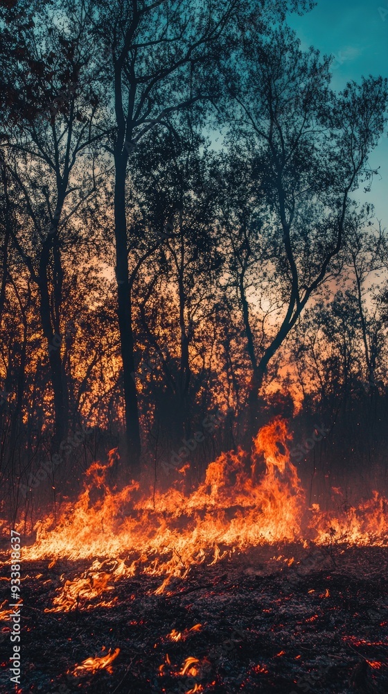 A dramatic sunset with flames engulfing trees, highlighting the beauty and danger of nature's wildfires. A dramatic sunset with flames engulfing trees, highlighting the beauty and danger of nature's wildfires.