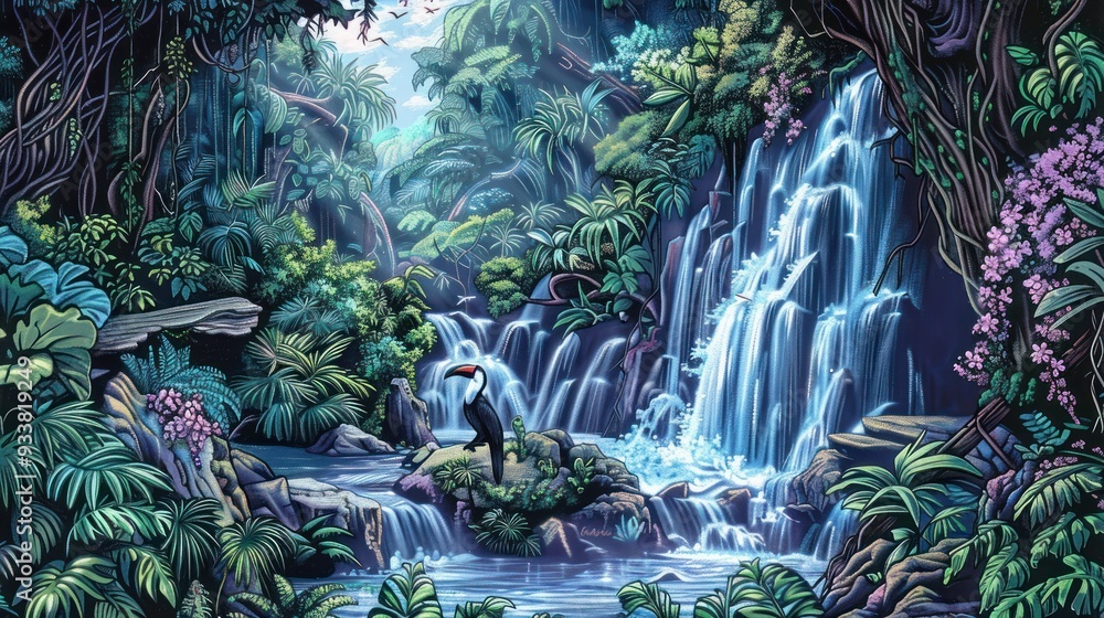 Fototapeta premium Lush Jungle Waterfall with Toucan.