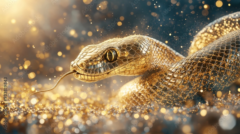 Fototapeta premium A stunning close-up of a golden snake with sparkling scales, capturing luxury, elegance, and the mystique of the wild.