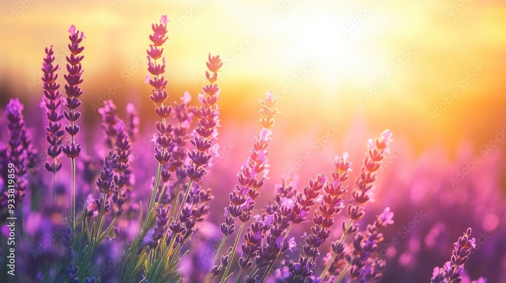 Obraz premium Lavender flowers on sunset background. Beautiful blooming lavender field with generative ai