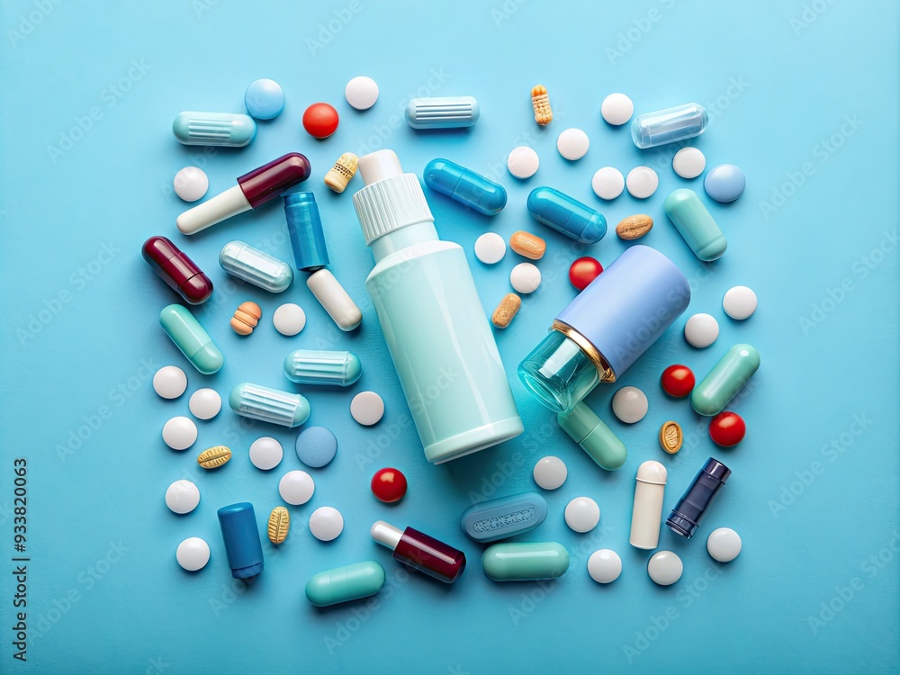 Asthma medication arranged on a light blue background, featuring a inhaler and assorted pills, highlighting treatment options for respiratory health and wellness management. Asthma medication arranged on a light blue background, featuring a inhaler and assorted pills, highlighting treatment options for respiratory health and wellness management.
