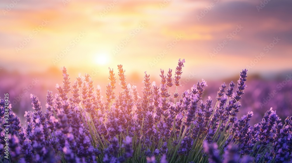 Lavender flowers on sunset background. Beautiful blooming lavender field with generative ai Lavender flowers on sunset background. Beautiful blooming lavender field with generative ai