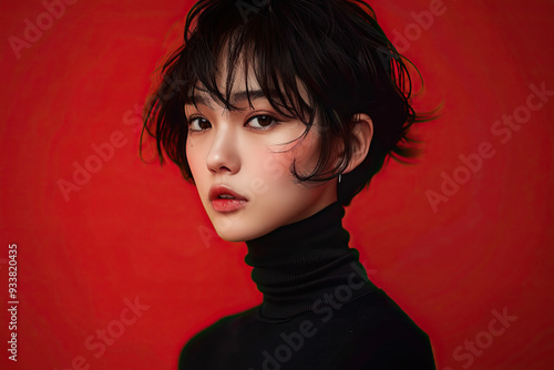 Asian Girl with bangs and pageboy hairstyle against a red wall, showcasing unique eyelash and eyebrow details in a striking portrait photo. photo