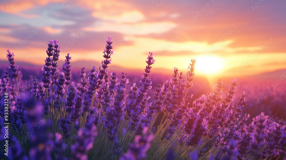 Obraz premium Lavender flowers on sunset background. Beautiful blooming lavender field with generative ai