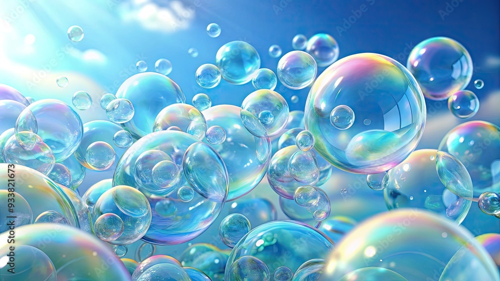 Vibrant 3D soap bubbles overflowing with frothy lather, glistening with dew, against a soft blue background, evoking a sense of freshness and cleanliness. Vibrant 3D soap bubbles overflowing with frothy lather, glistening with dew, against a soft blue background, evoking a sense of freshness and cleanliness.