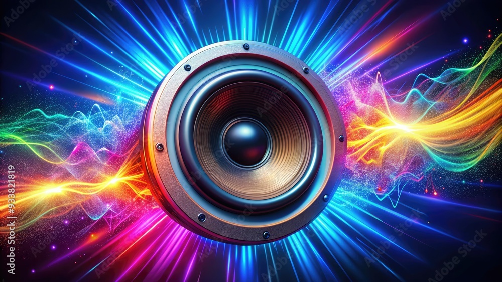 Vibrant 3D sound waves erupting from a speaker, bursting with intense energy, vividly illustrating the power of loud, pulsating audio in a dynamic visual representation. Vibrant 3D sound waves erupting from a speaker, bursting with intense energy, vividly illustrating the power of loud, pulsating audio in a dynamic visual representation.