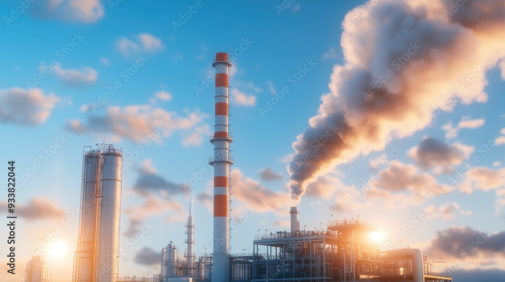 Obraz premium Industrial tanks filled with toxic water, being processed into biogas, with steam and safety equipment highlighting the hazardous environment .