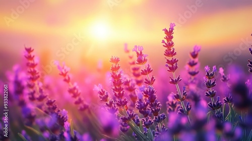 Lavender flowers on sunset background. Beautiful blooming lavender field with generative ai